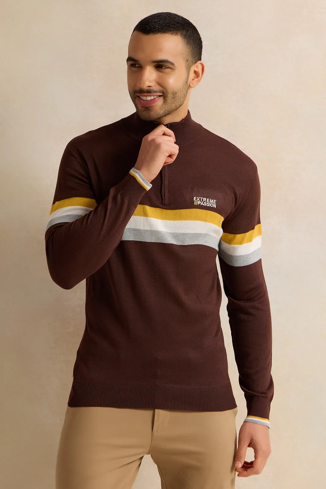 Men Brown Striped Sweater sold by Redtag