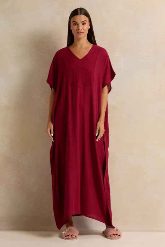 Women Burgundy Embroidery Kaftan Nightgown sold by Redtag