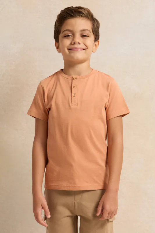 Boys Beige Solid Short Sleeve Henley T-Shirt sold by Redtag
