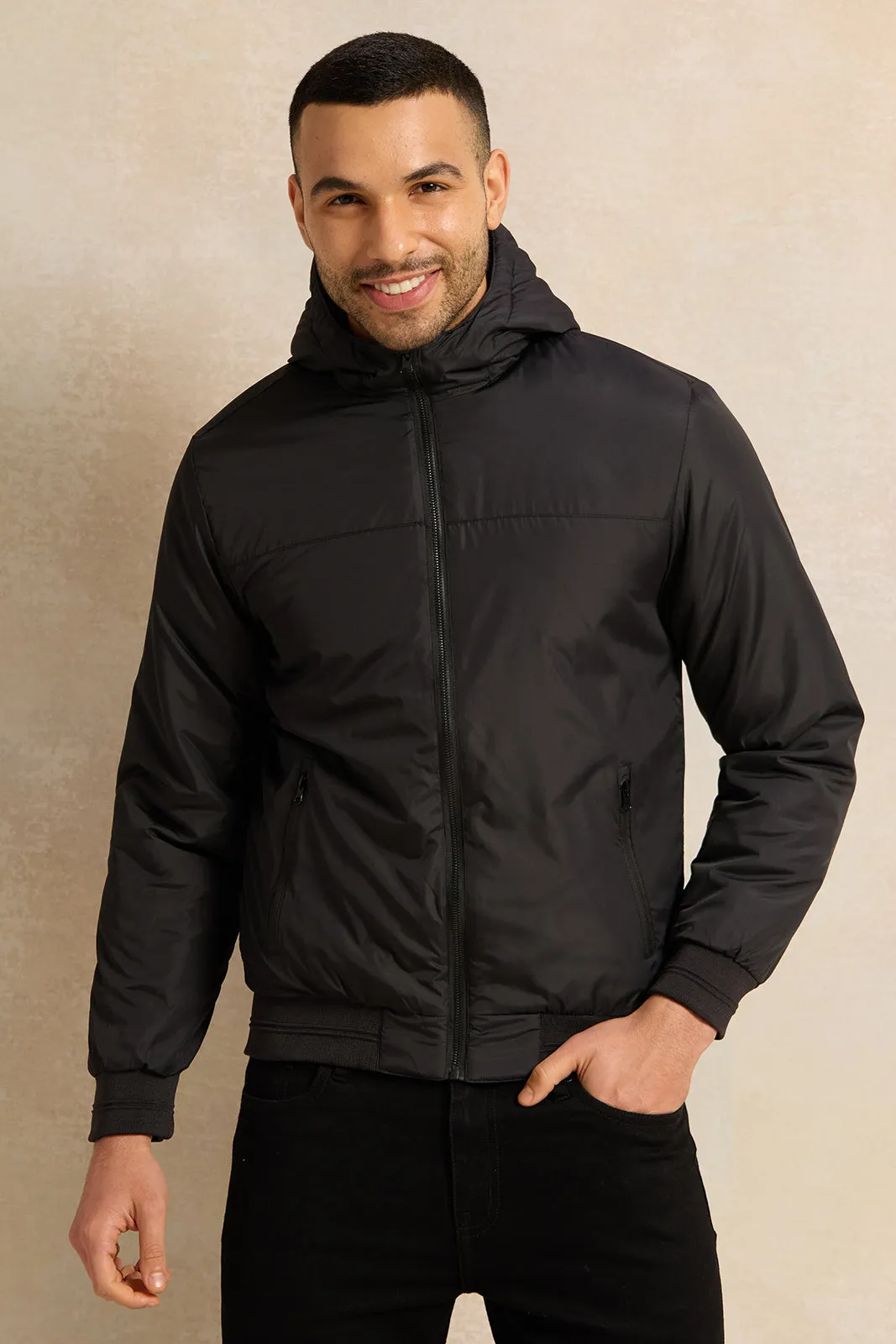 Men Black Hooded Jacket sold by Redtag