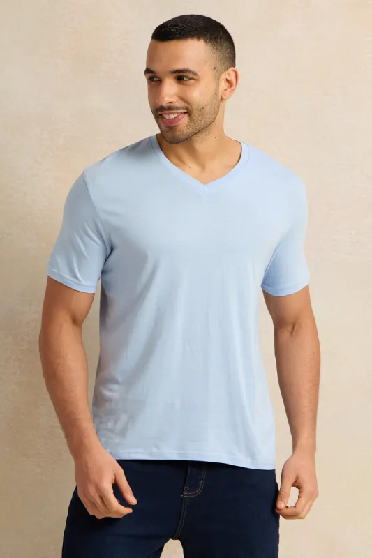 Men Blue Basic V-Neck T-Shirt sold by Redtag