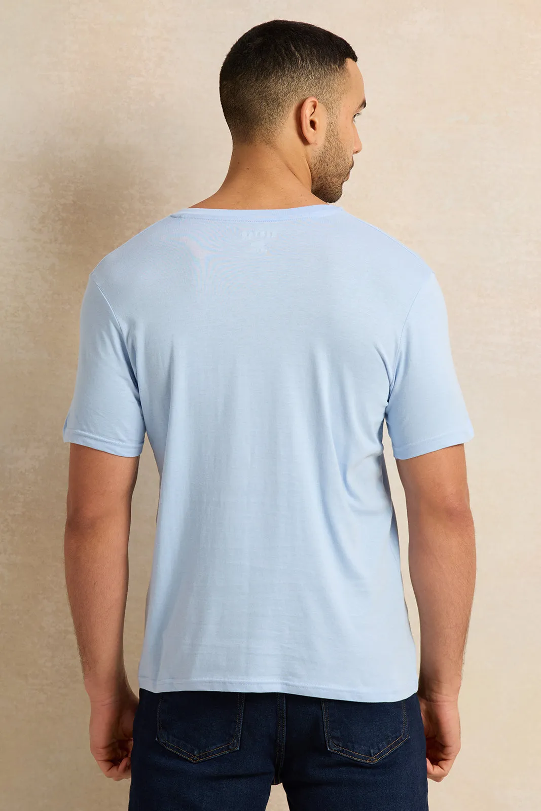 Men Blue Basic V-Neck T-Shirt sold by Redtag product image thumbnail 3
