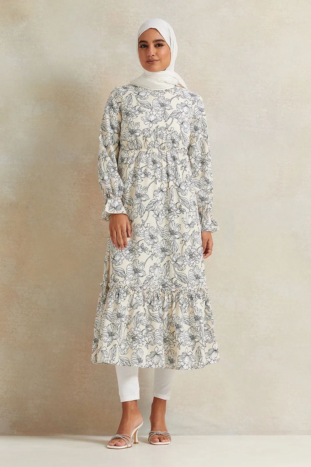 Women Ivory Printed Tier Dress sold by Redtag