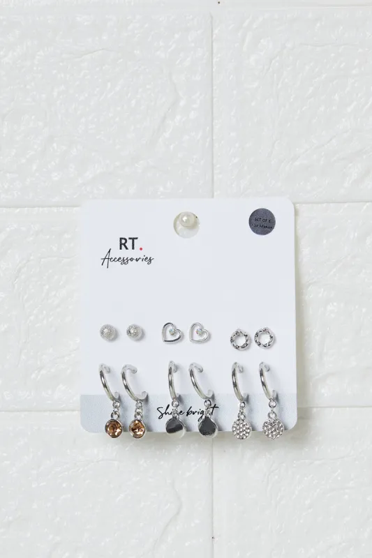 Women Silver Embellished Earrings Set (6 Pairs) sold by Redtag