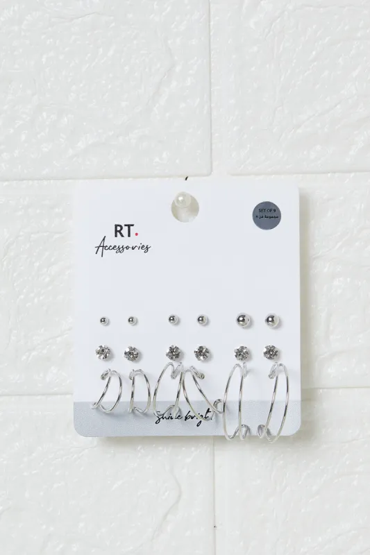 Women Silver Embellished Earrings Set (9 Pairs) made by Redtag