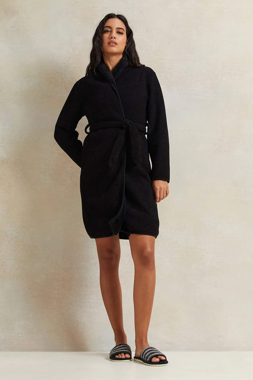 Women Black Waffle Fur Robe sold by Redtag product image thumbnail 2