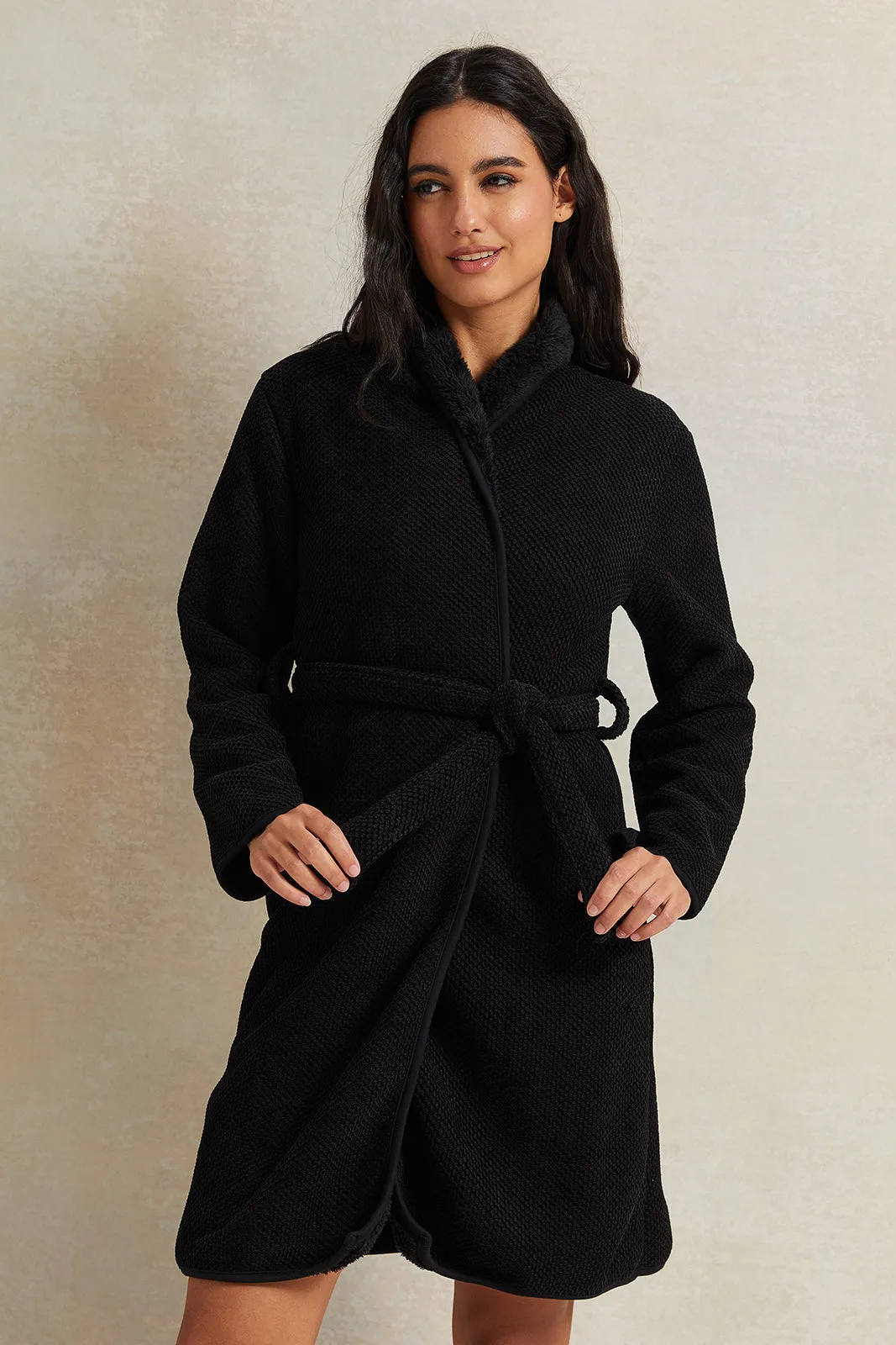 Women Black Waffle Fur Robe sold by Redtag
