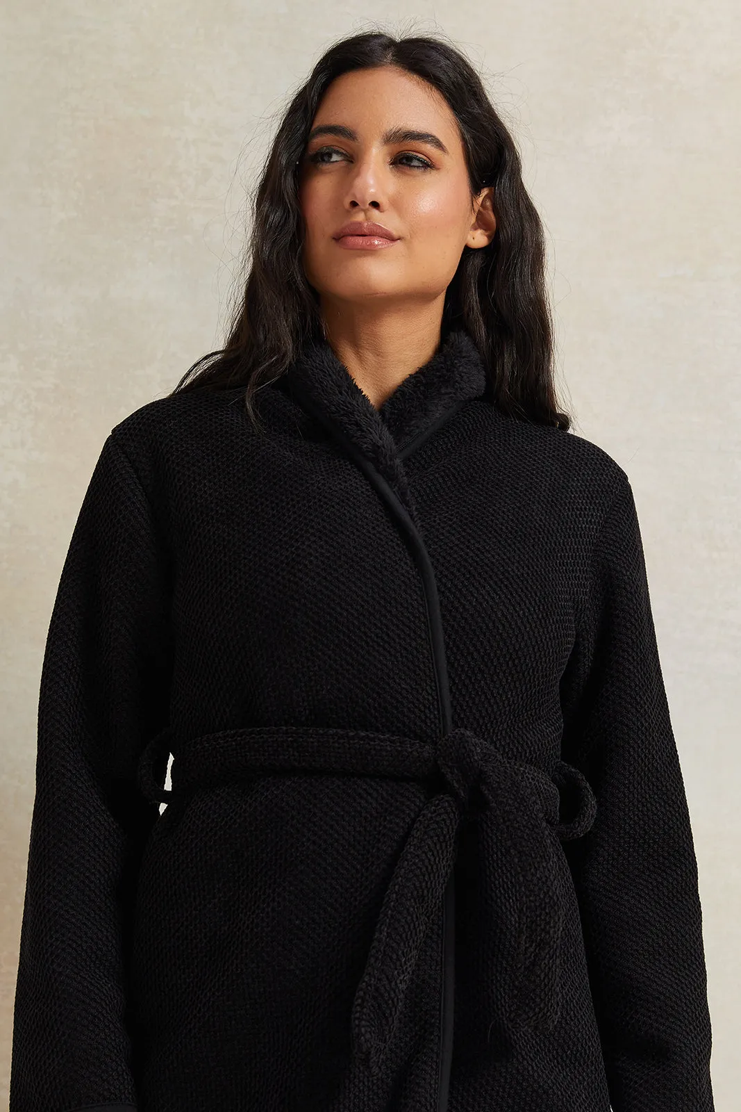 Women Black Waffle Fur Robe sold by Redtag product image thumbnail 4