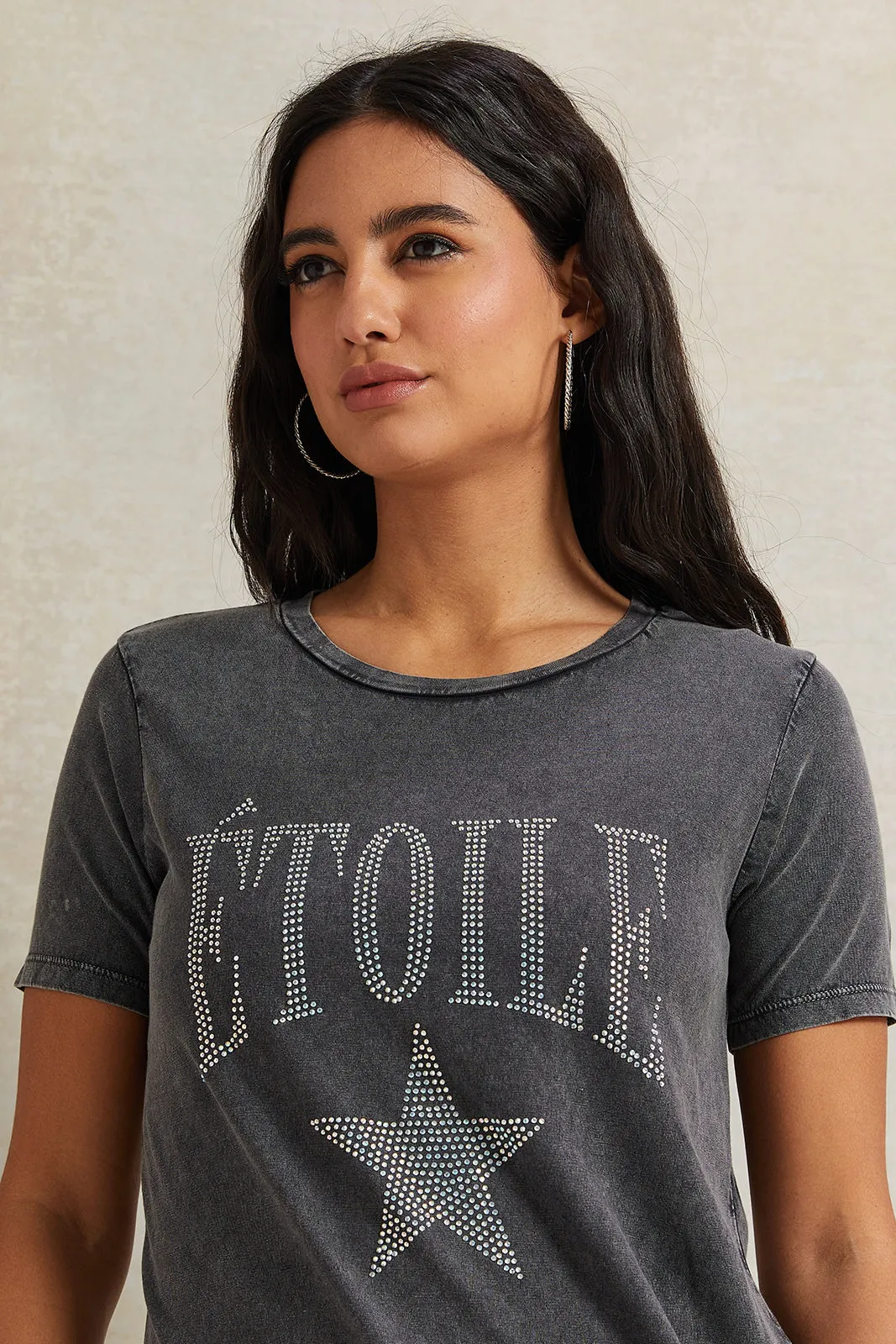 Women Charcoal Rhinestone Embellished T-Shirt sold by Redtag product image thumbnail 4