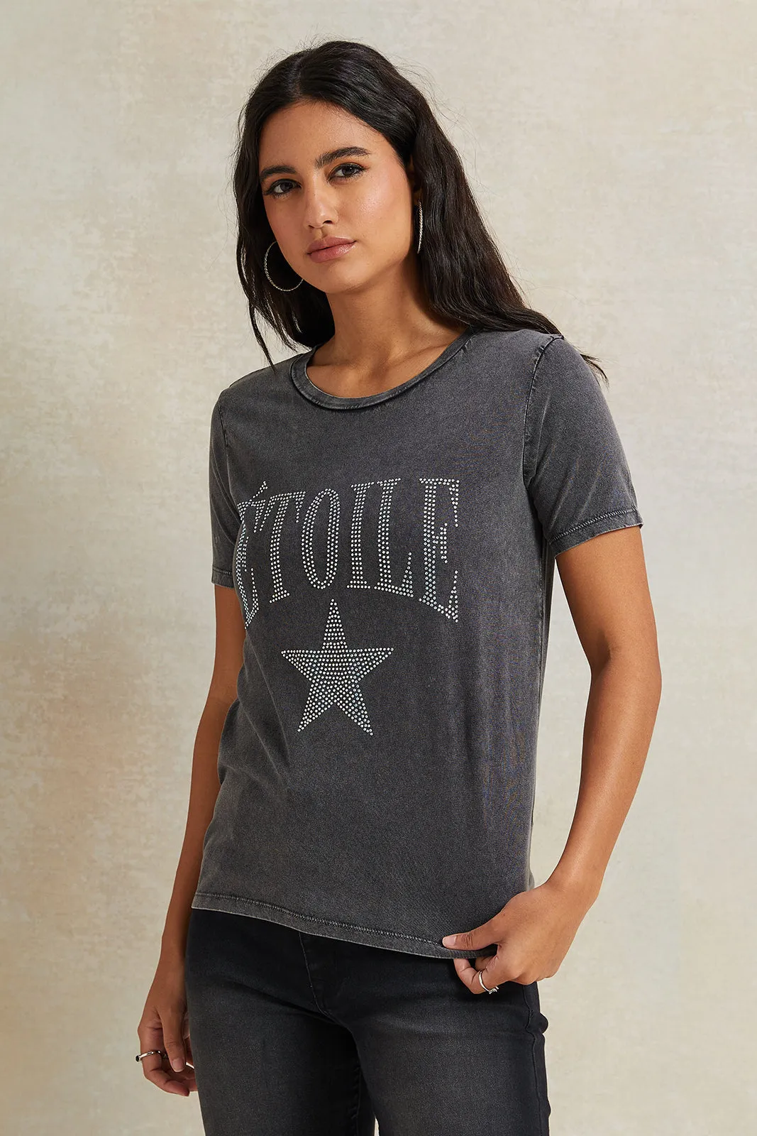 Women Charcoal Rhinestone Embellished T-Shirt sold by Redtag