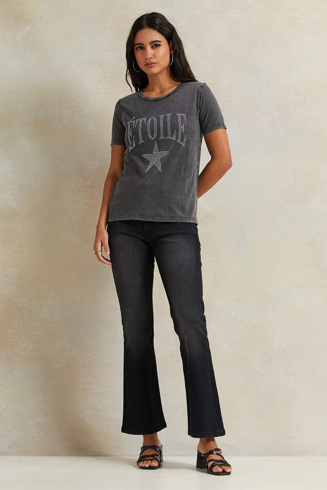 Women Charcoal Rhinestone Embellished T-Shirt sold by Redtag product image thumbnail 2