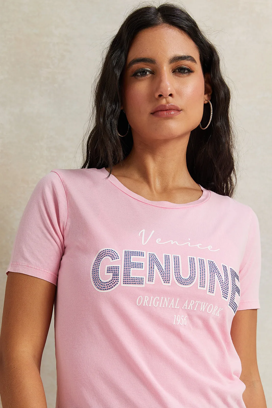 Women Pink Rhinestone Embellished T-Shirt sold by Redtag product image thumbnail 4