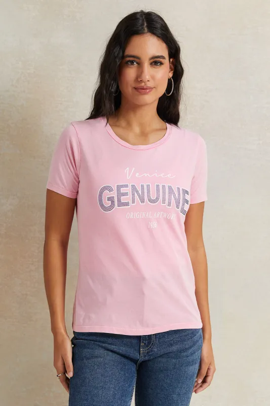 Women Pink Rhinestone Embellished T-Shirt sold by Redtag