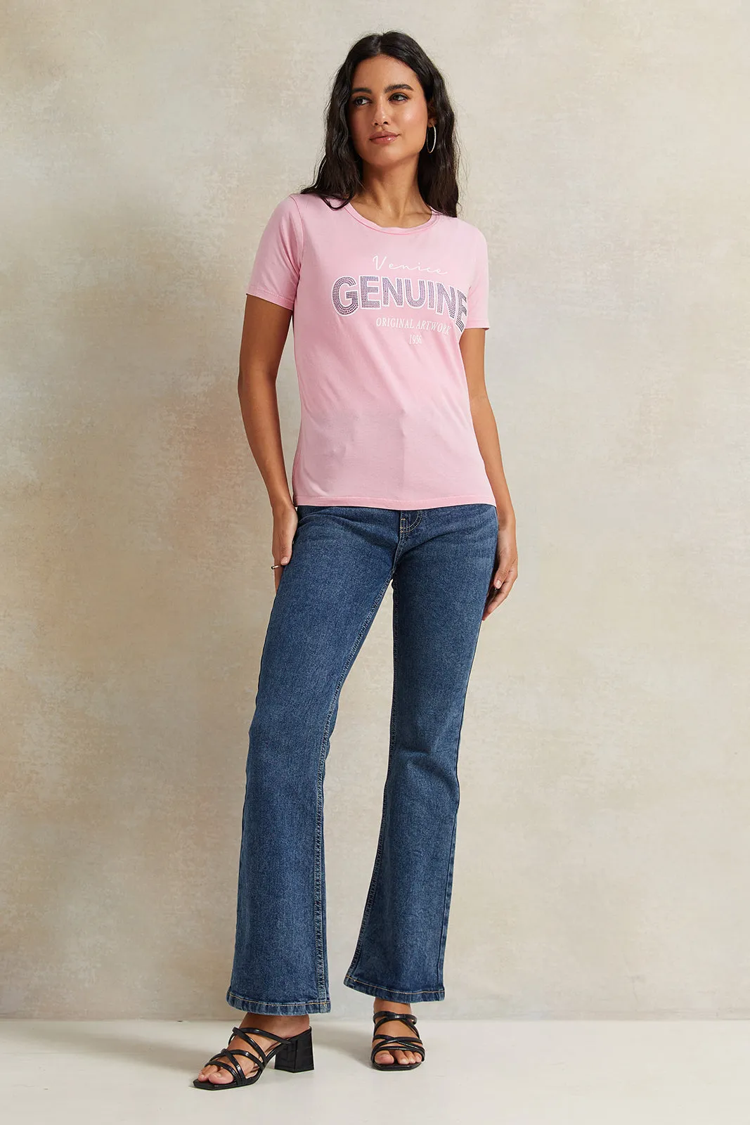 Women Pink Rhinestone Embellished T-Shirt sold by Redtag product image thumbnail 2