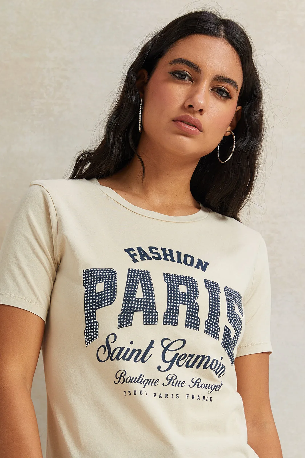 Women Beige Rhinestone Embellished T-Shirt sold by Redtag product image thumbnail 4