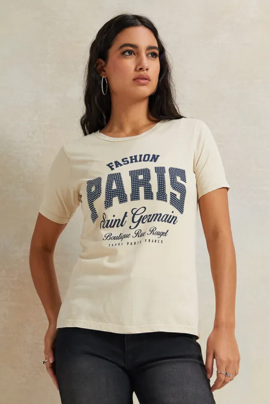 Women Beige Rhinestone Embellished T-Shirt sold by Redtag
