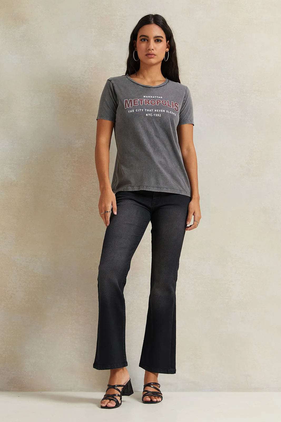 Women Charcoal Rhinestone Embellished T-Shirt sold by Redtag product image thumbnail 2