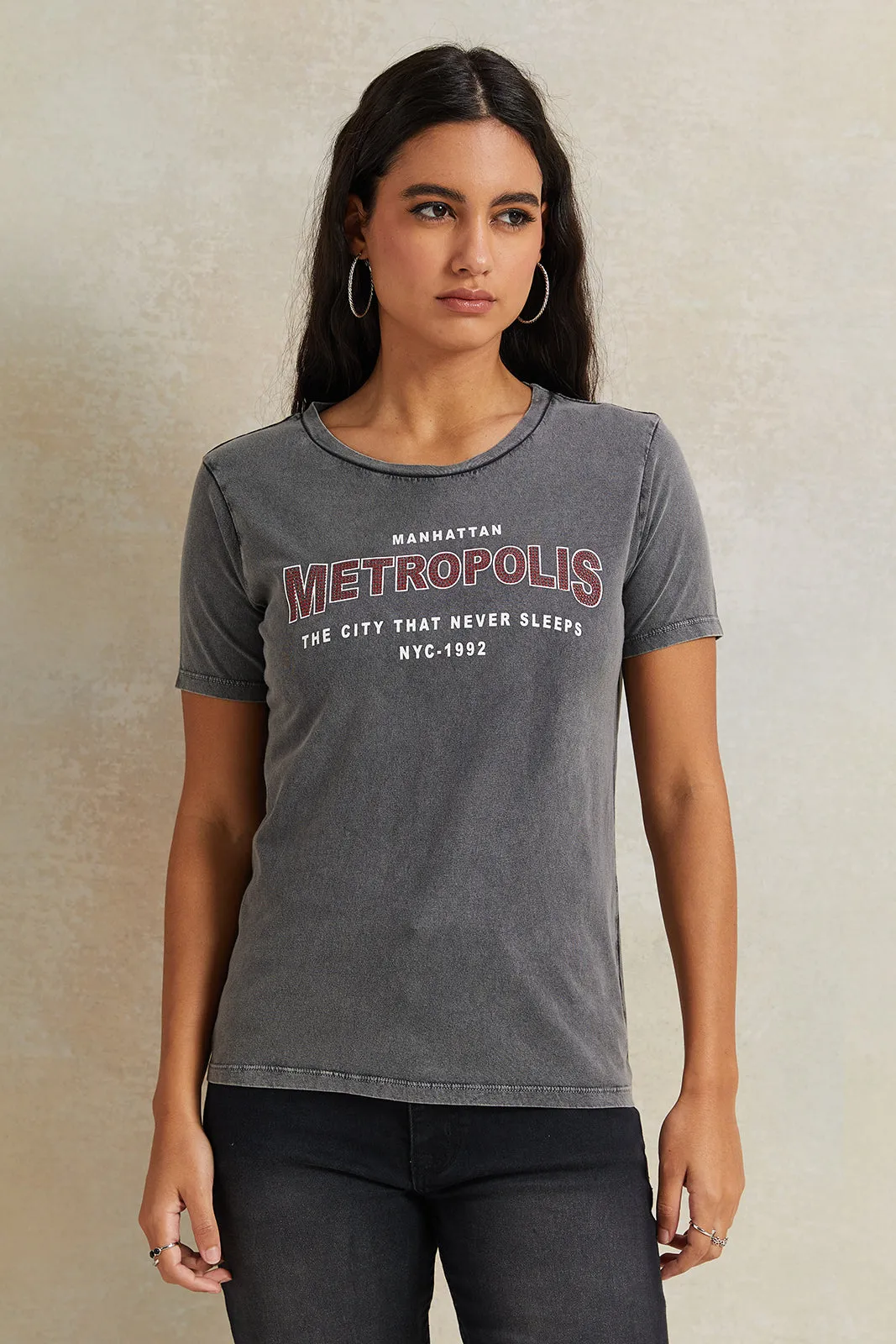 Women Charcoal Rhinestone Embellished T-Shirt sold by Redtag