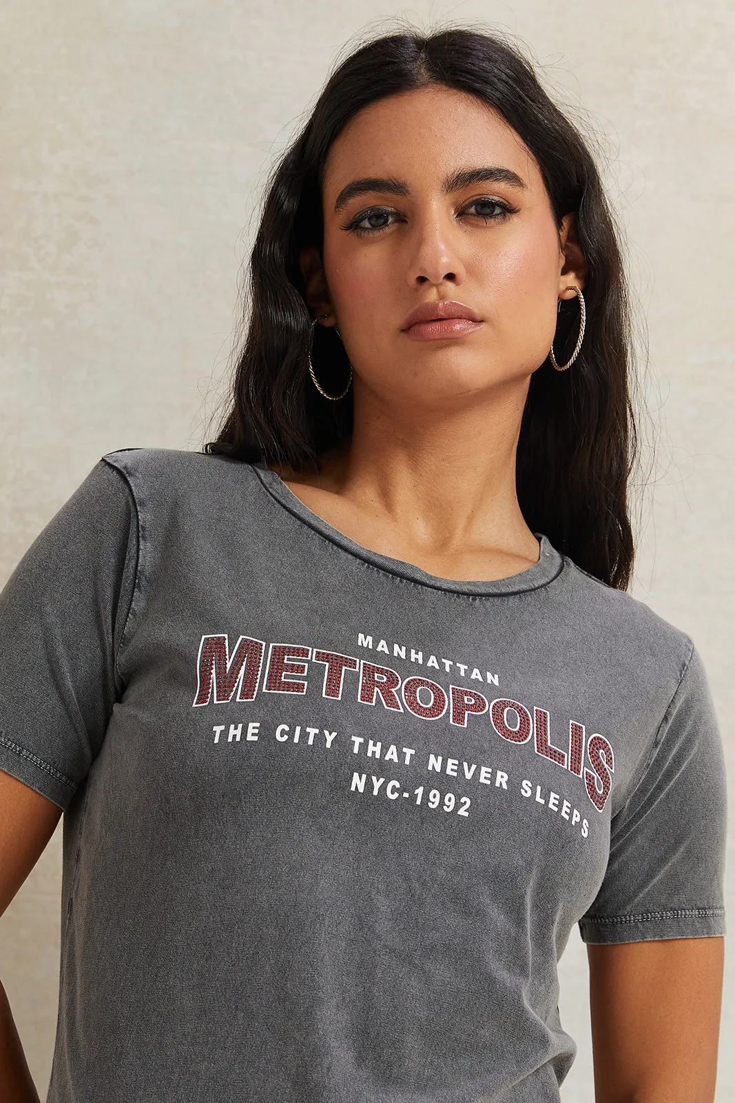 Women Charcoal Rhinestone Embellished T-Shirt sold by Redtag product image thumbnail 4