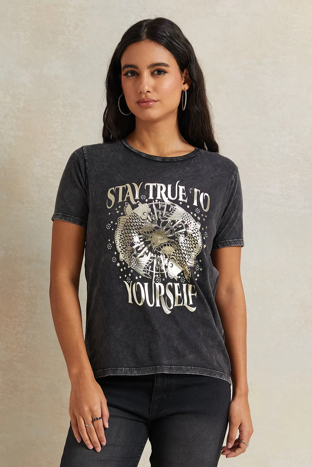 Women Charcoal Embellished T-Shirt sold by Redtag