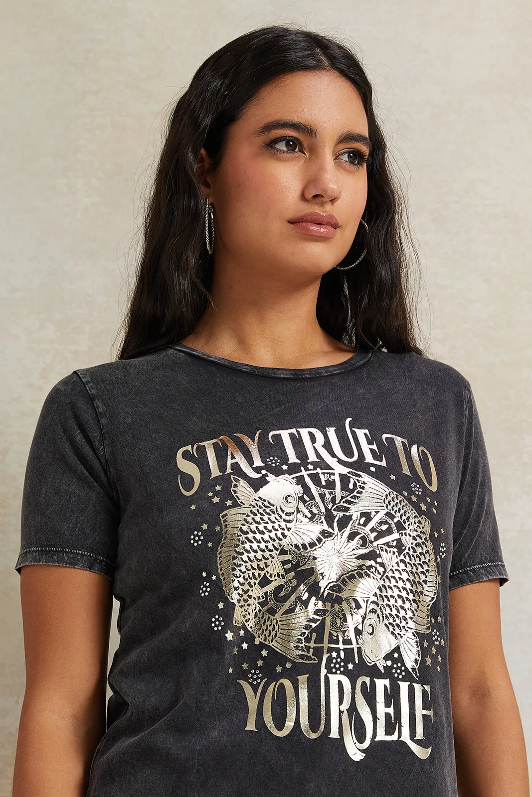 Women Charcoal Embellished T-Shirt sold by Redtag product image thumbnail 4