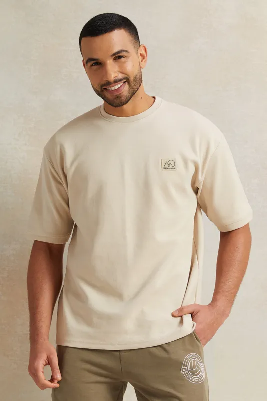 Men Beige Pleated Interlock Lounge T-Shirt sold by Redtag