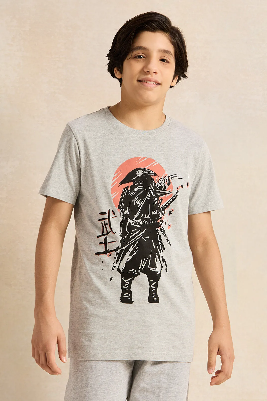 Senior Boys Grey Samurai Print T-Shirt sold by Redtag