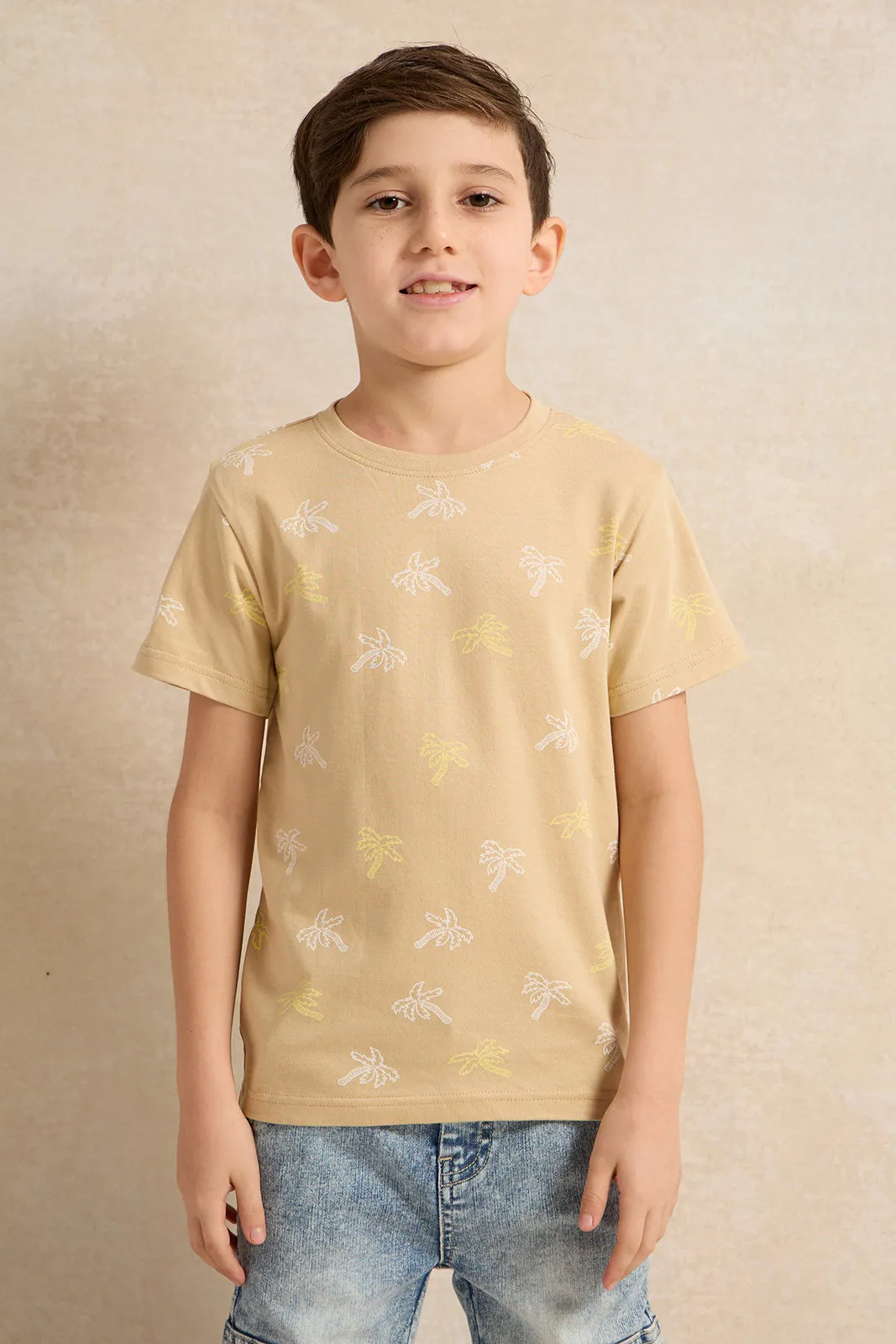 Boys Cream Palm Print T-Shirt sold by Redtag