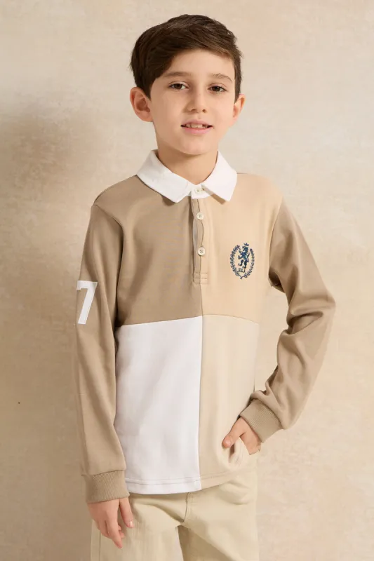 Boys Beige Long Sleeve Polo T-Shirt sold by Redtag