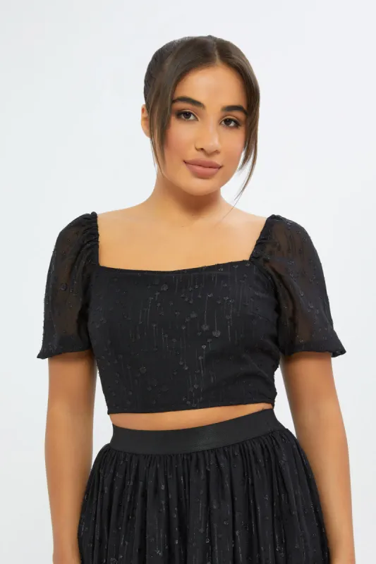 Women Black Metallic Crop Top sold by Redtag