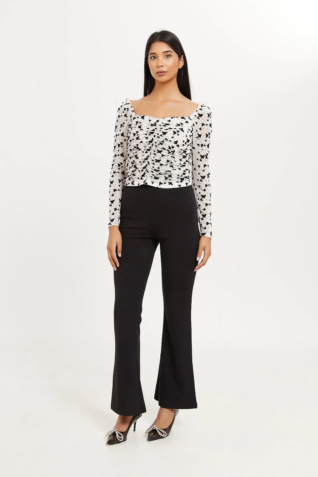 Women White And Black Flocked Ruch Detail Top sold by Redtag product image thumbnail 2