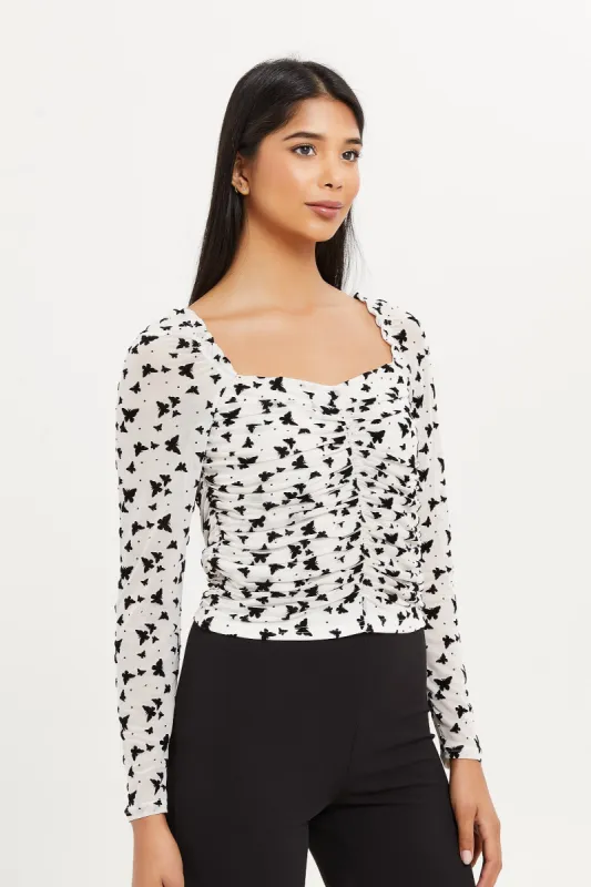 Women White And Black Flocked Ruch Detail Top sold by Redtag