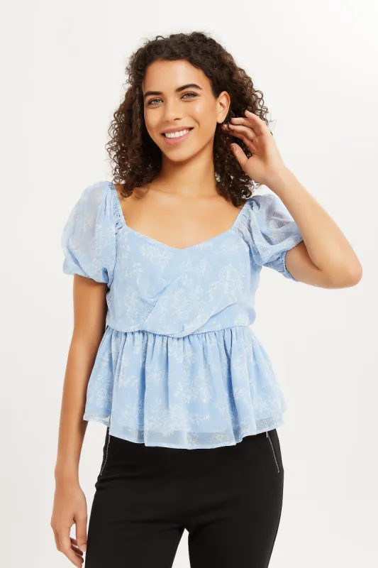 Women Blue Printed Peplum Top sold by Redtag