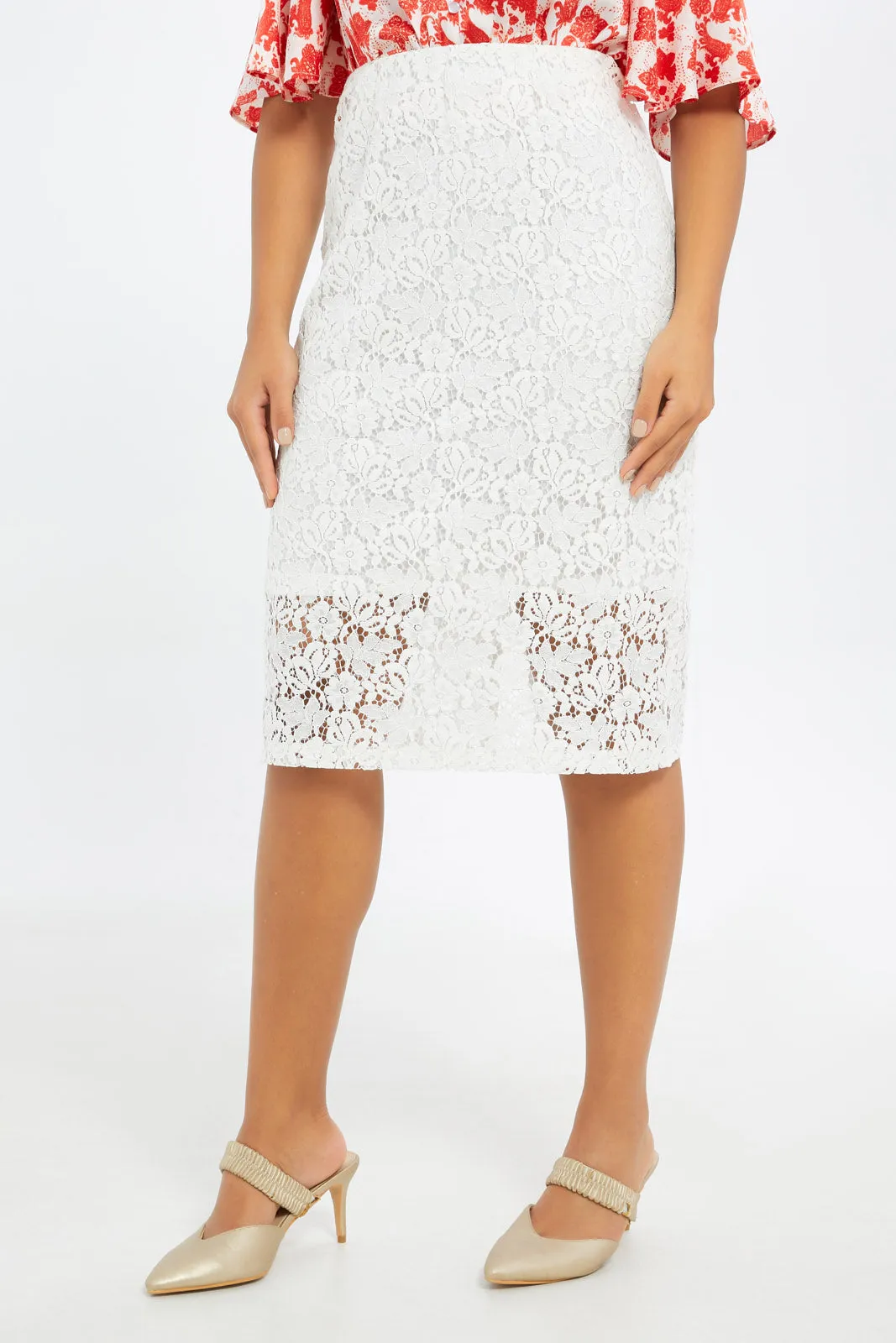 Women White Lace Pencil Skirt sold by Redtag