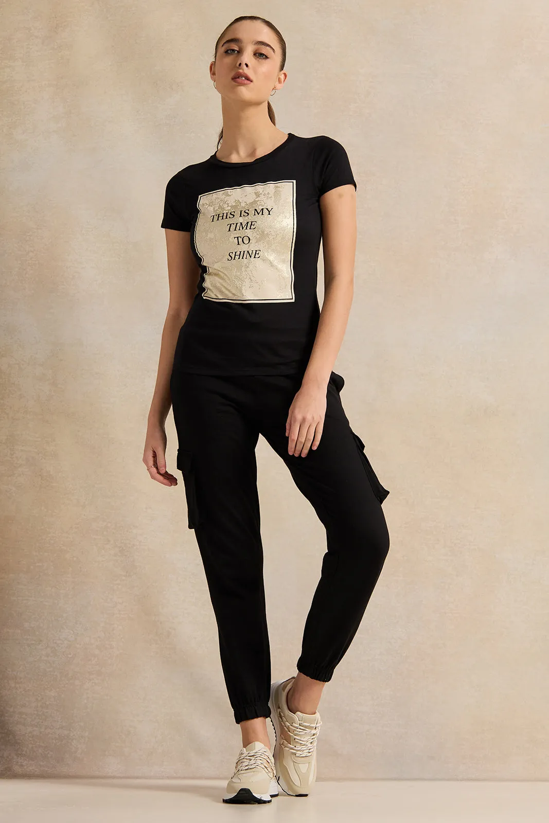 Women Black Time To Shine Foil T-Shirt sold by Redtag product image thumbnail 2