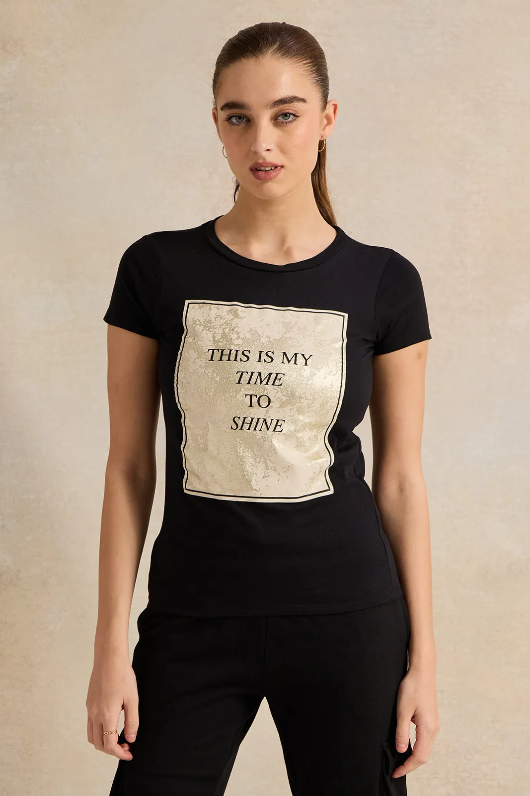 Women Black Time To Shine Foil T-Shirt sold by Redtag