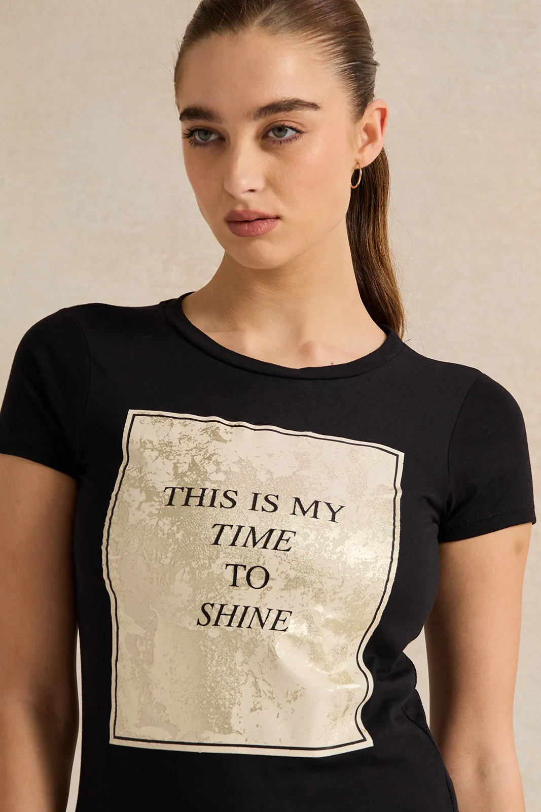 Women Black Time To Shine Foil T-Shirt sold by Redtag product image thumbnail 4