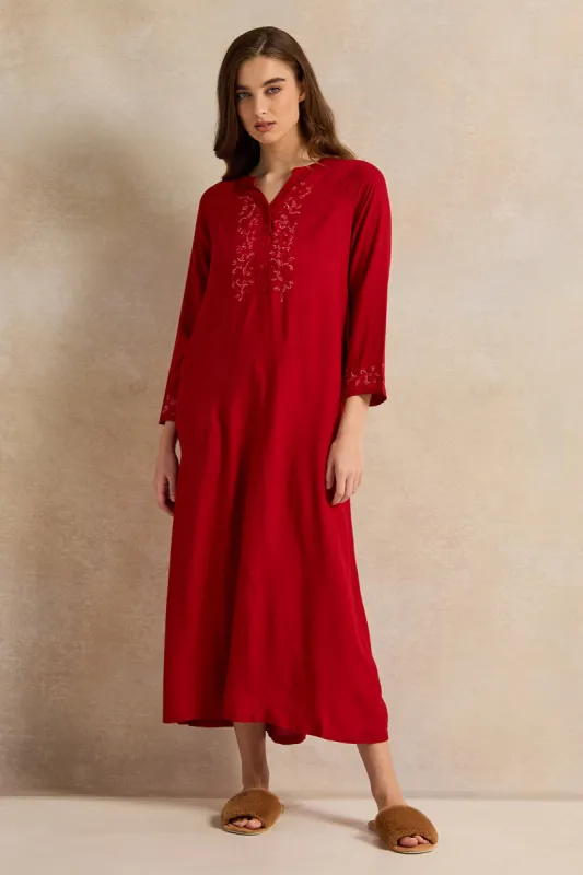 Women Red Placket Embroidery Nightgown sold by Redtag
