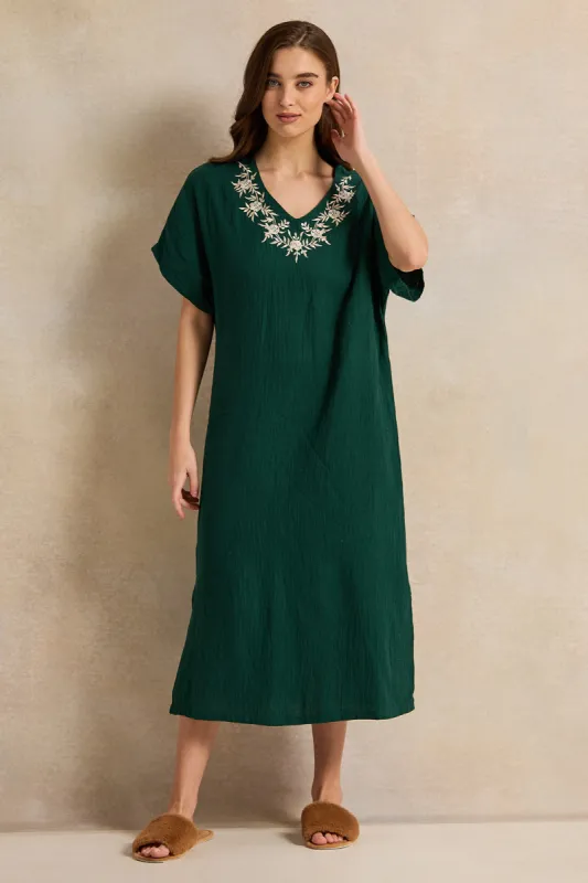 Women Green Embroidery Kaftan Nightgown sold by Redtag