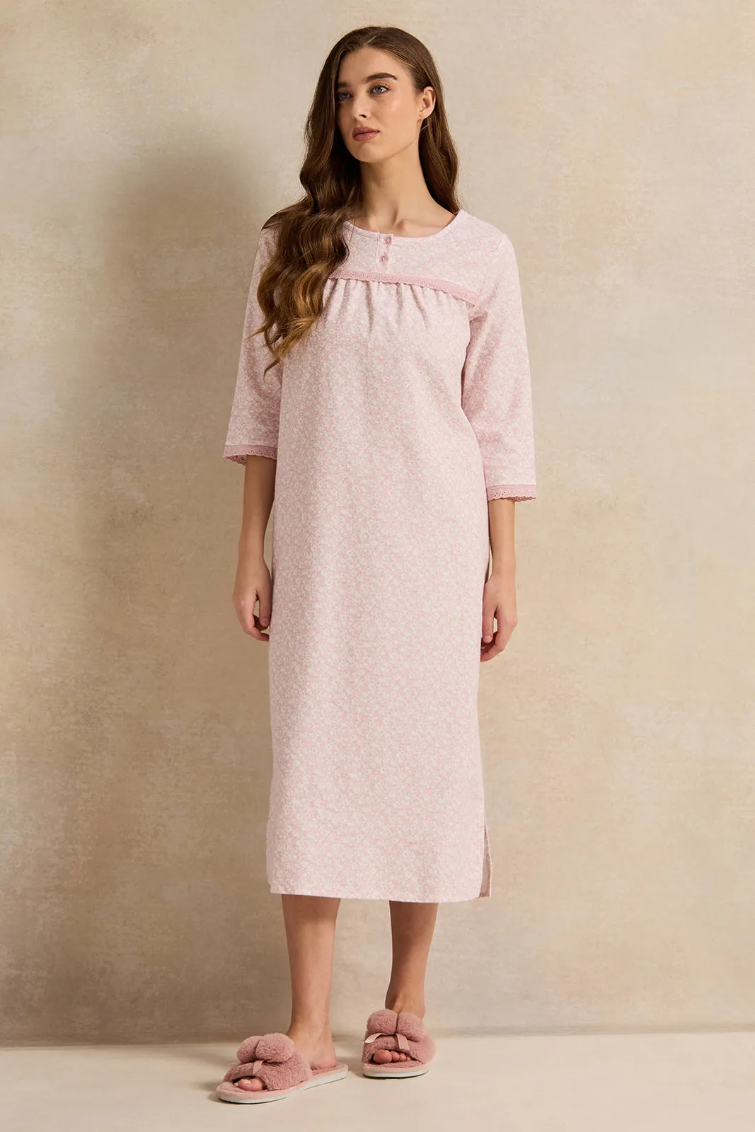 Women Pink Printed Ninghtgown sold by Redtag