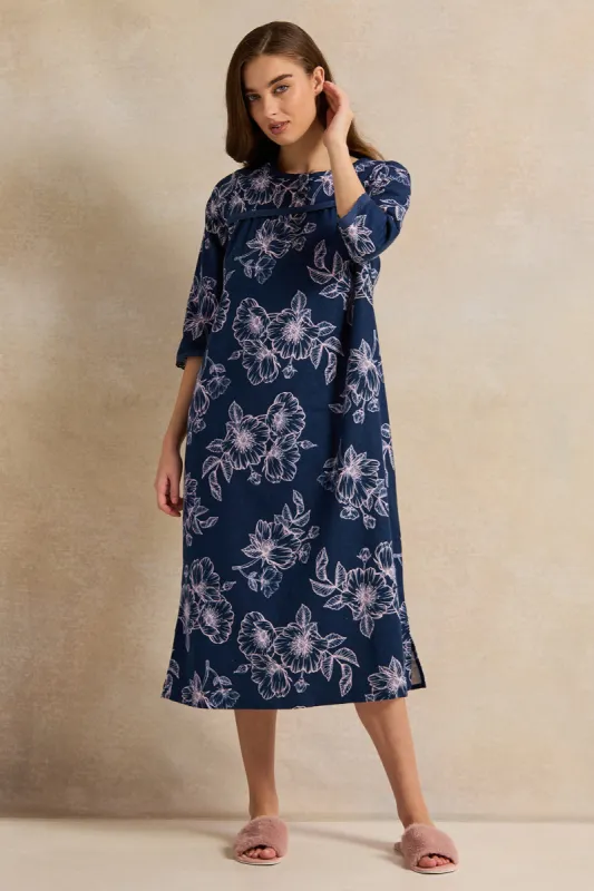 Women Navy  Long Sleeves Flannel Ninghtgown sold by Redtag
