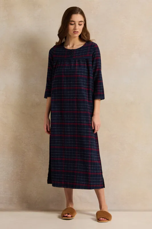 Women Navy Checkered Flannel Ninghtgown sold by Redtag