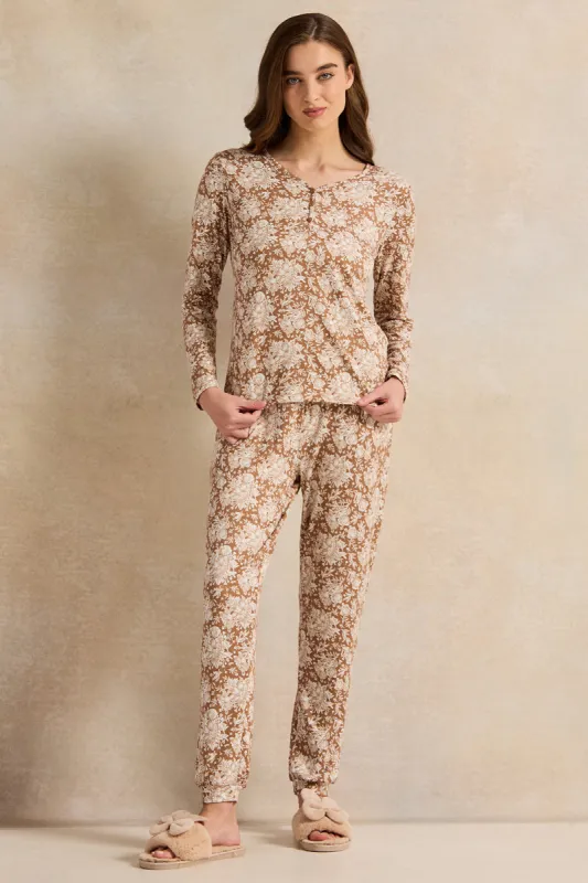 Women Brown Printed Table Pyjama Set (2 Piece) sold by Redtag