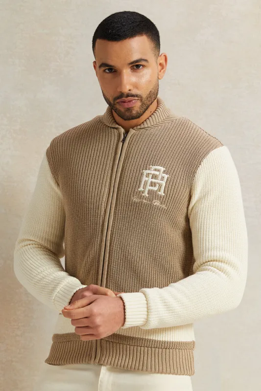 Men Beige Shawl Collar Cardigan With Faux Fur Lining sold by Redtag