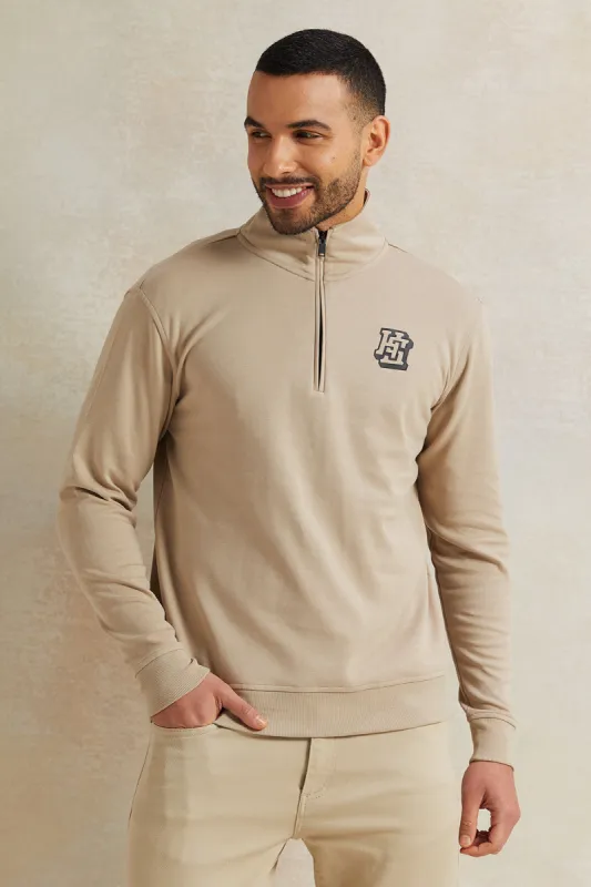 Men Beige Half Zipper Sweatshirt sold by Redtag