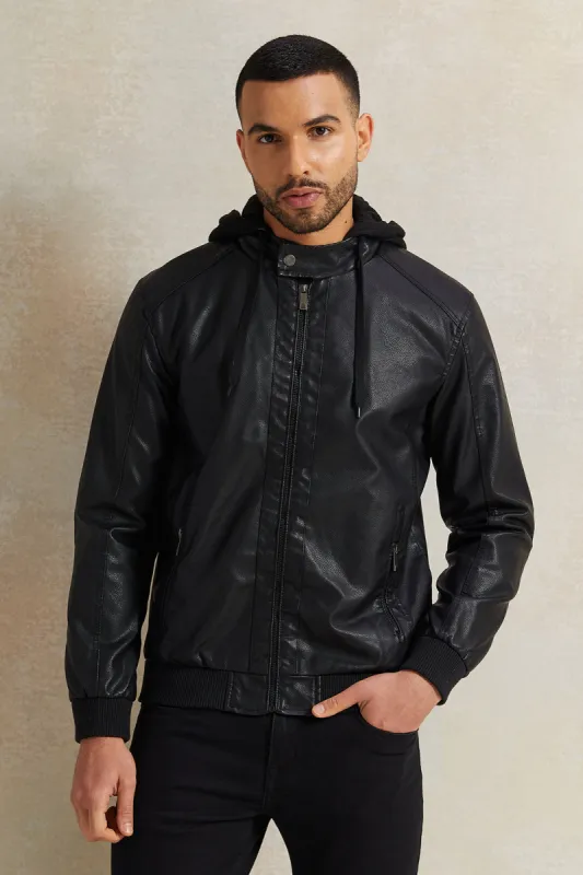 Men Black Fux Leather Hooded Biker Jacket sold by Redtag