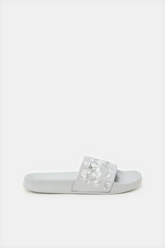 Women Grey Floral Printed Slide sold by Redtag