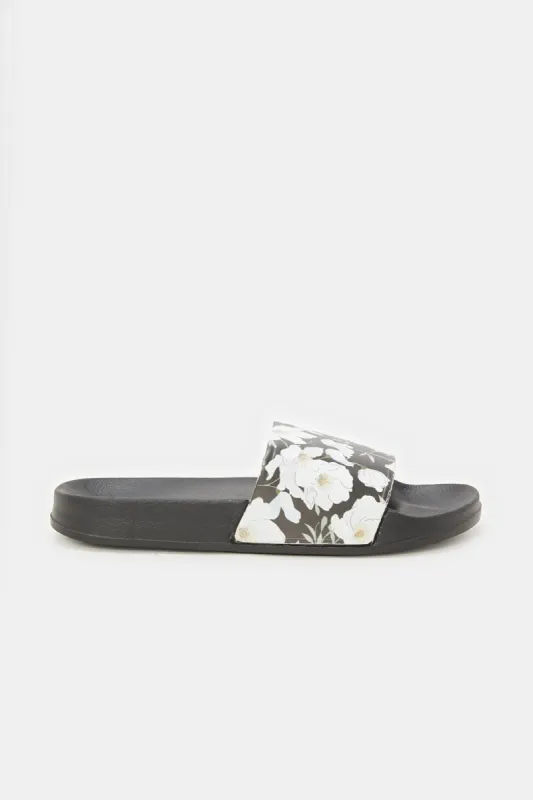 Women Black Floral Printed Slide sold by Redtag