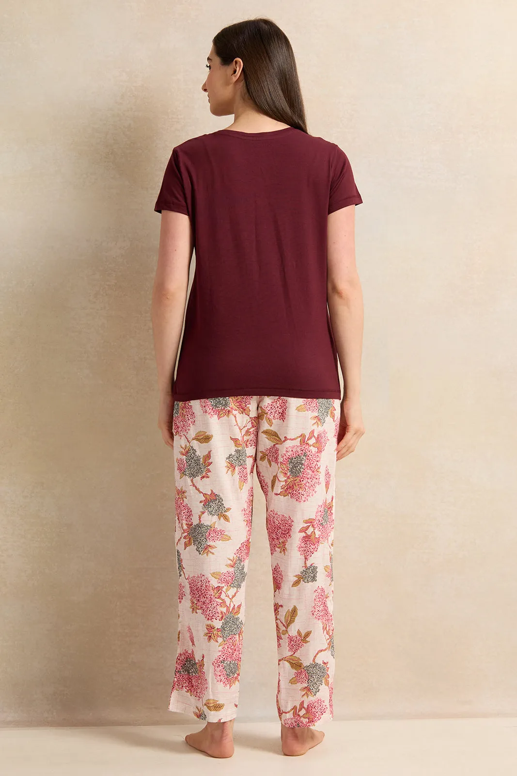 Women Burgundy And Beige Printed Pyjama Set (2 Piece) sold by Redtag product image thumbnail 4