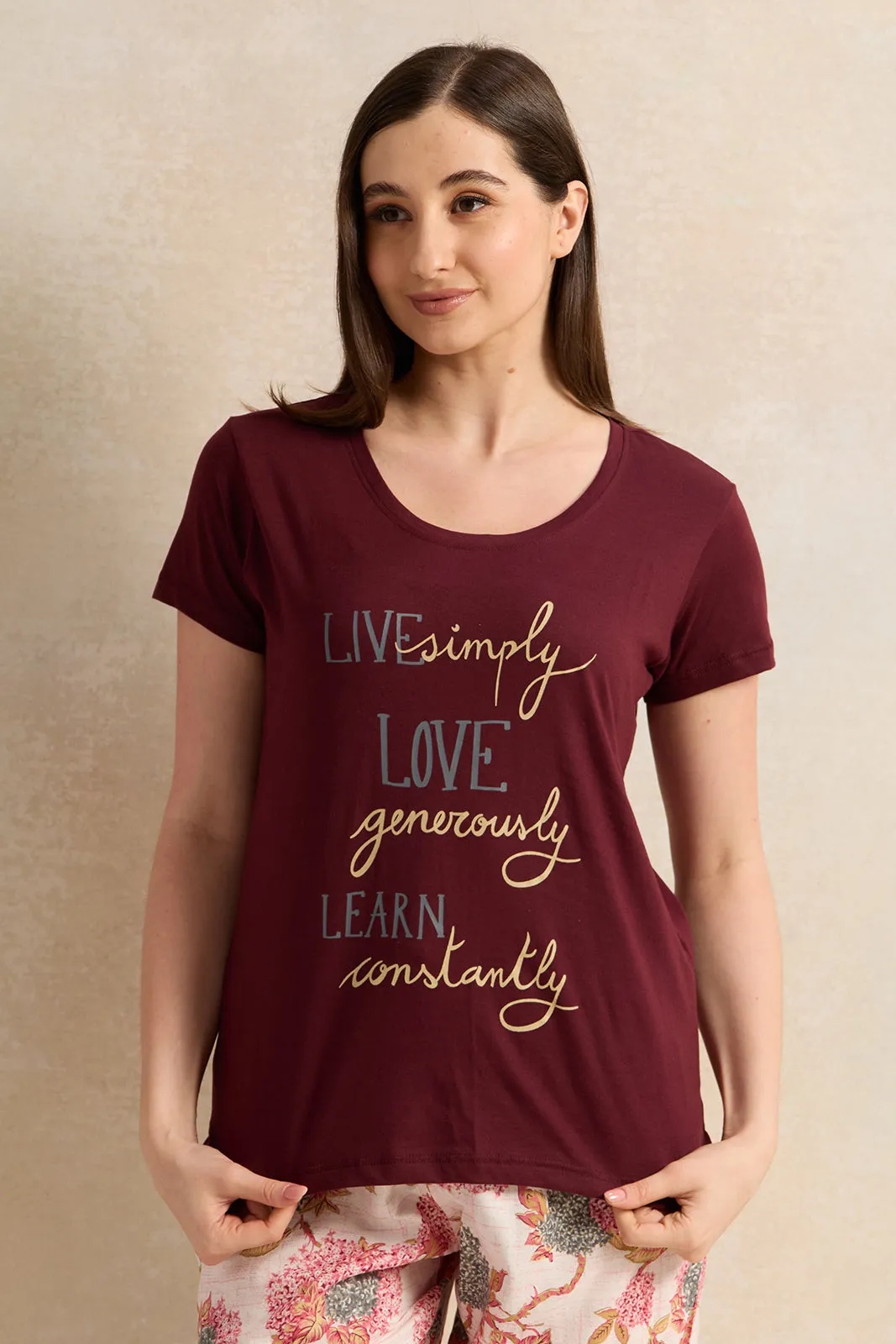 Women Burgundy And Beige Printed Pyjama Set (2 Piece) sold by Redtag product image thumbnail 2